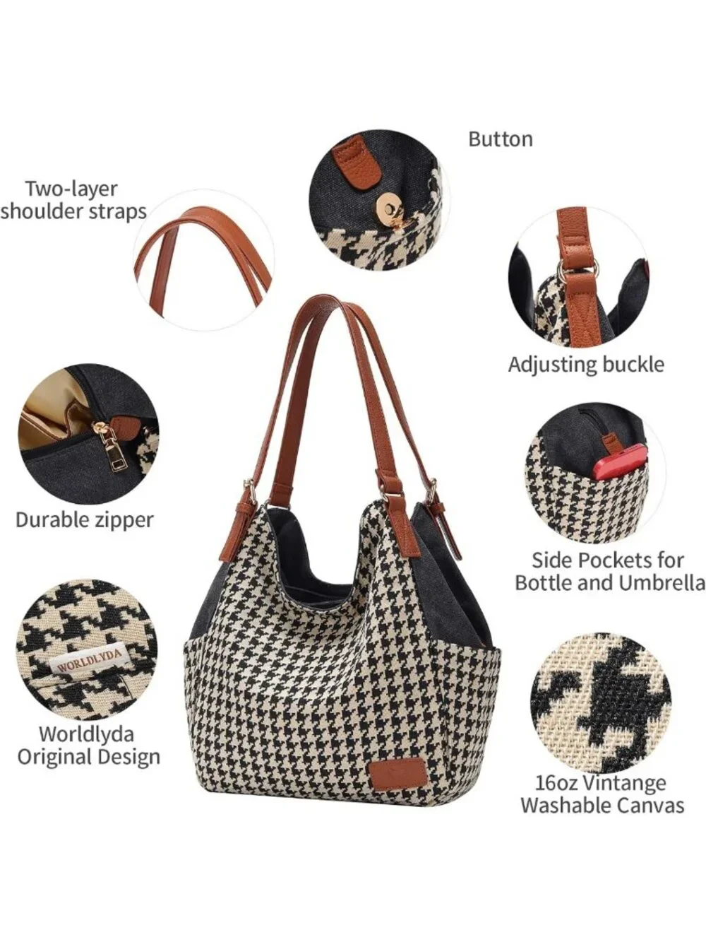Stylish Canvas Hobo Tote Bag with Multi Pockets, Embroidery, Casual Shoulder